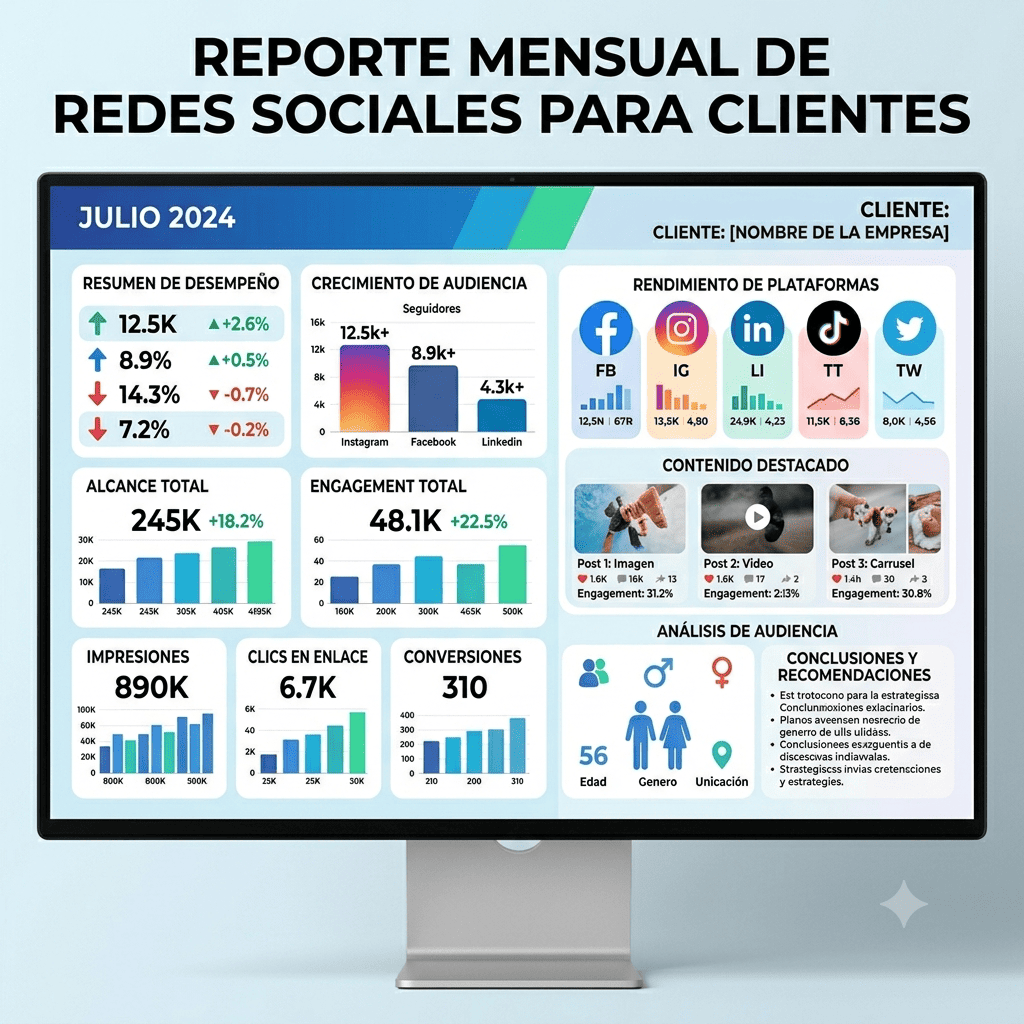 ahora una con diseño diferente de: plantilla de reporte de redes sociales mensual para clientes